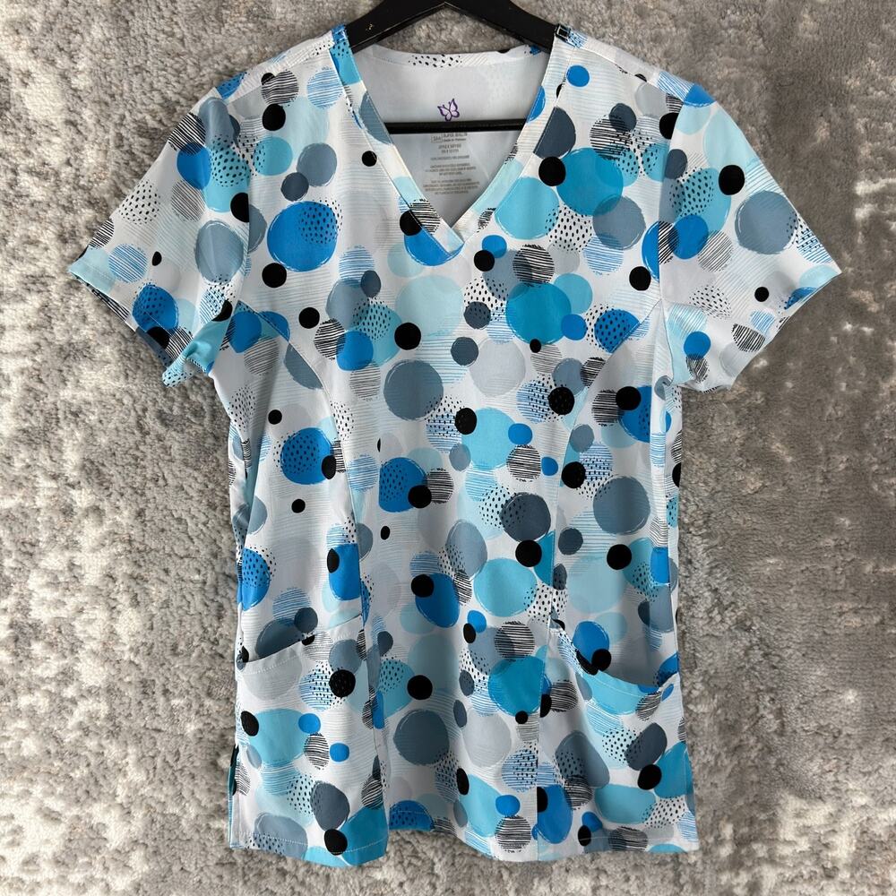 Willow Brook Size SM Polka Dot V Neck Casual Top Blue White Short Sleeve Stretch